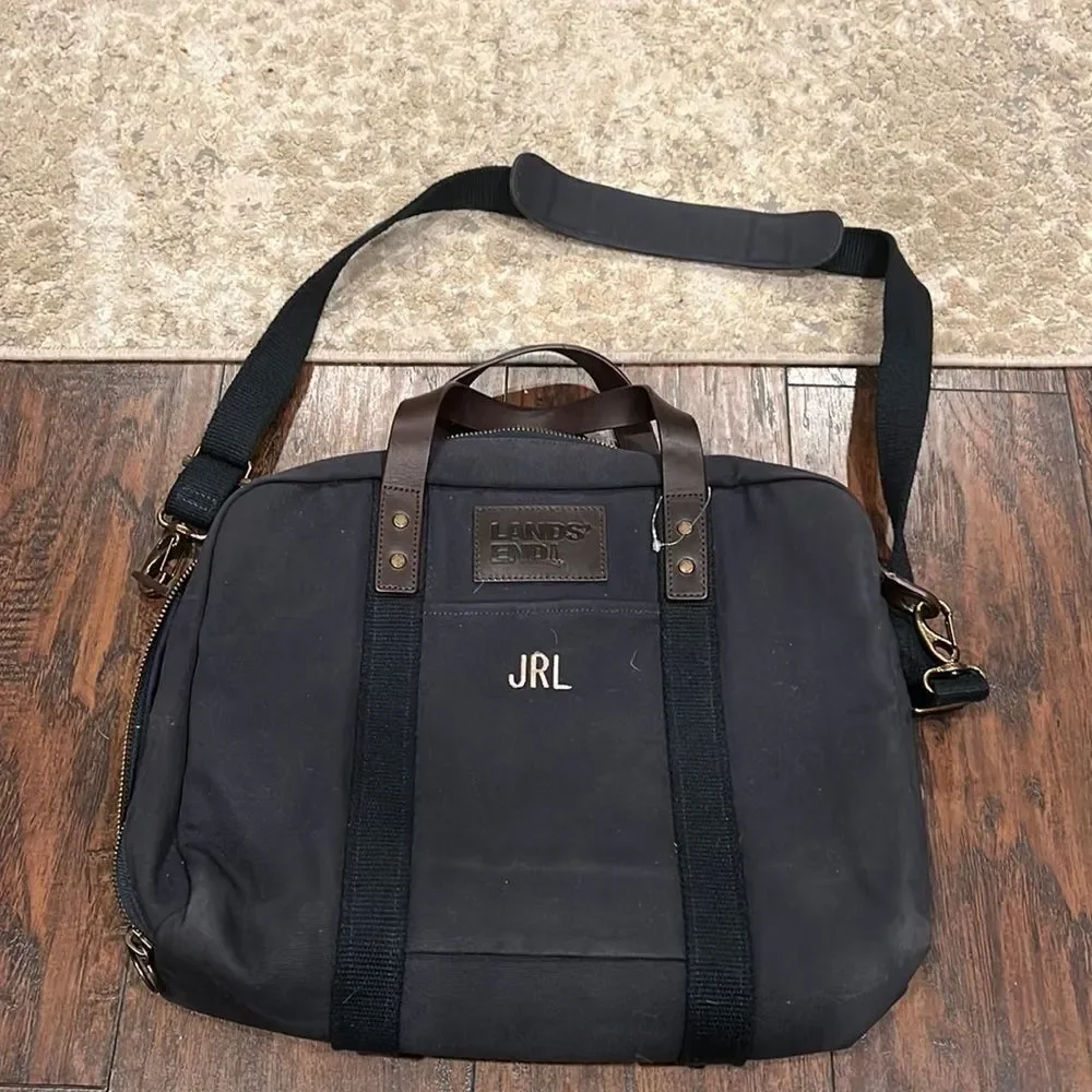 VTG Lands End Direct Merchant dark Canvas leather Messenger Bag Two Compartment‎